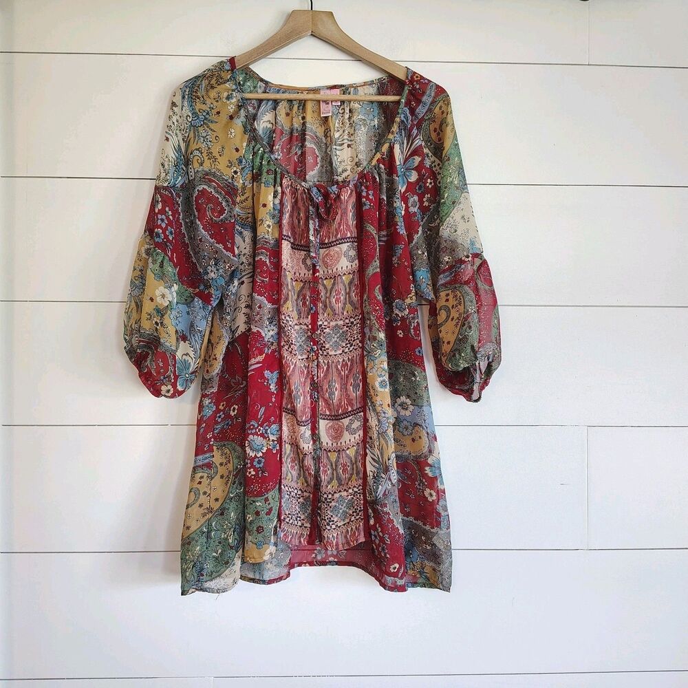 Dolled Up Multicolor Paisley Boho Peasant Blouse (Red, Yellow, Green, Blue)